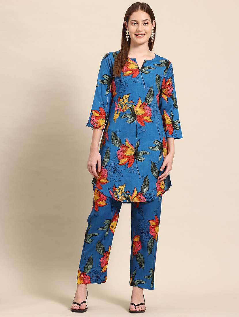 women printed three quarter sleeves ethnic co-ord set