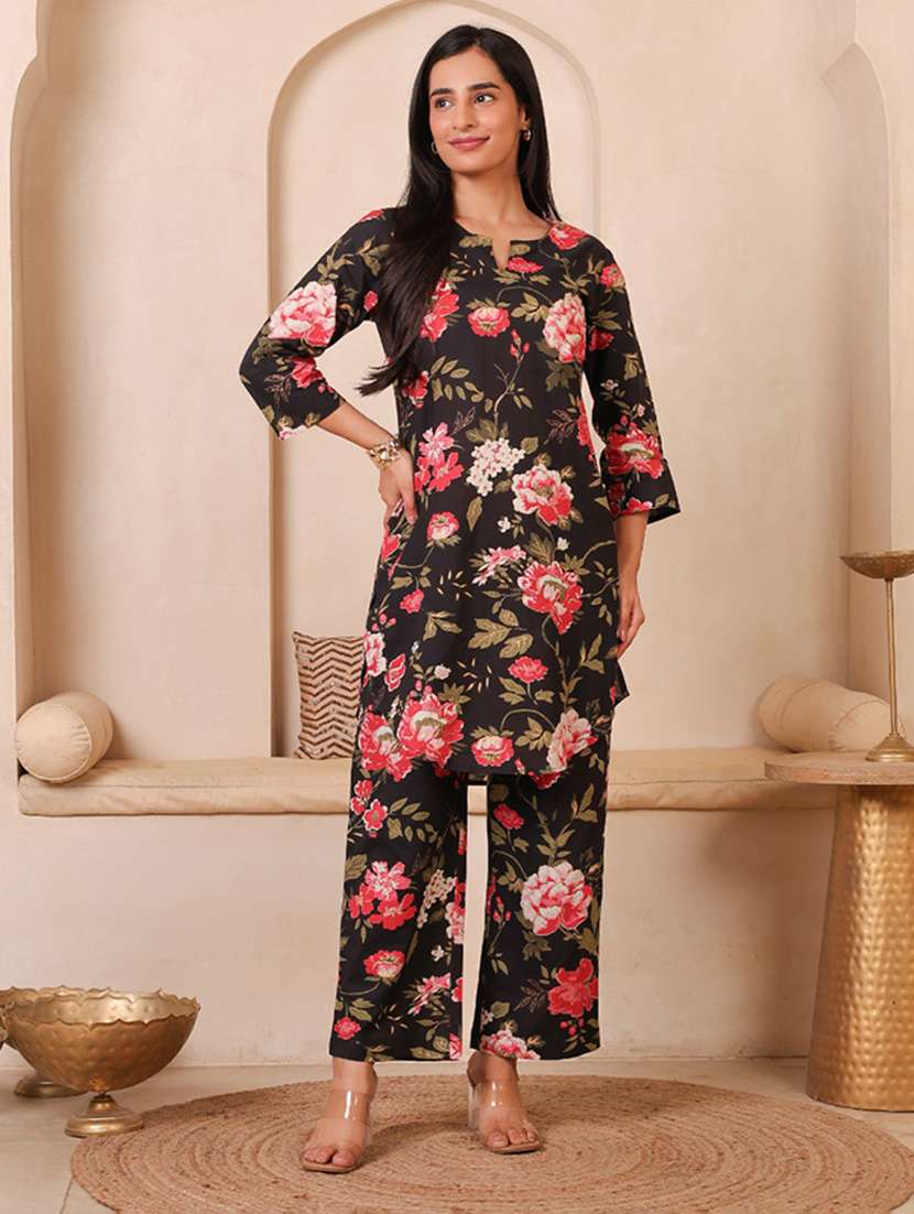 women printed three quarter sleeves ethnic co-ord set