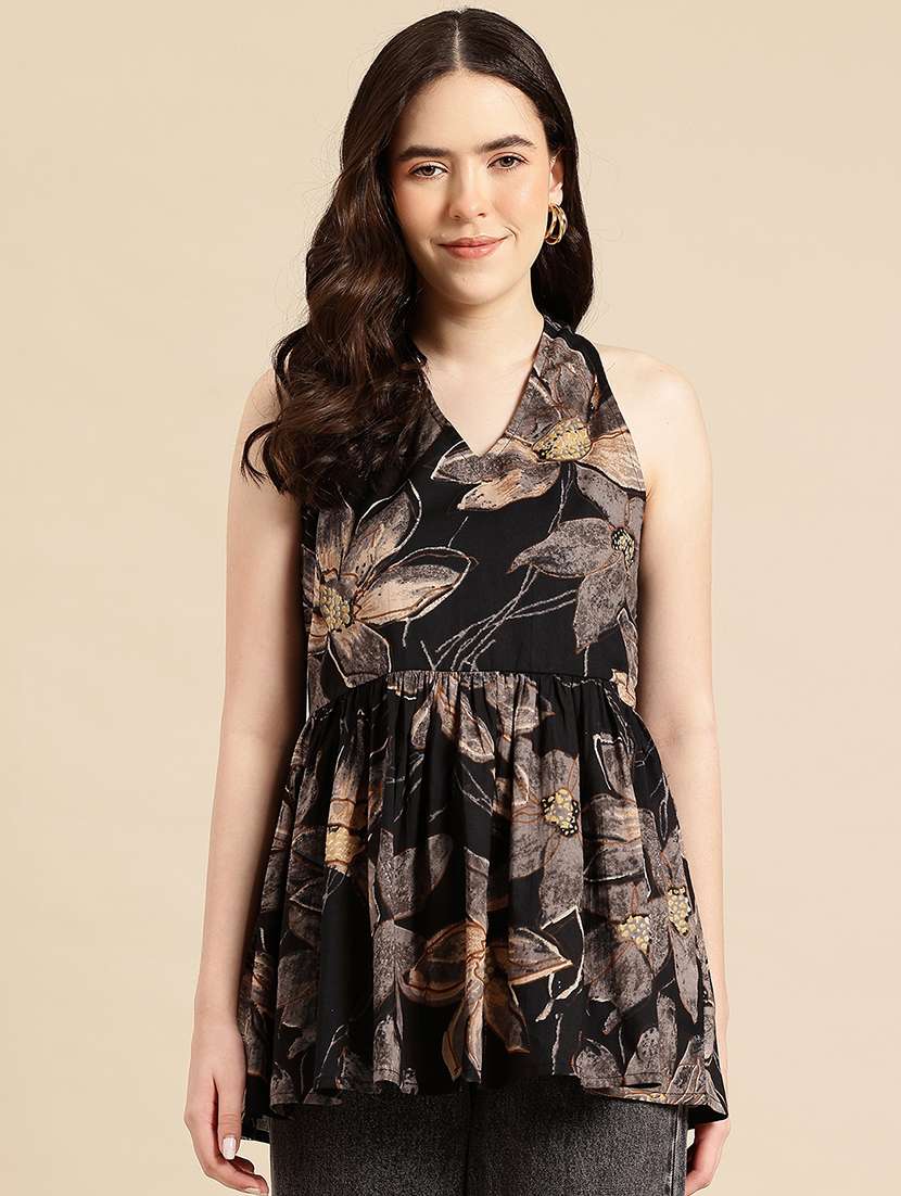 women printed sleeveless flared kurti