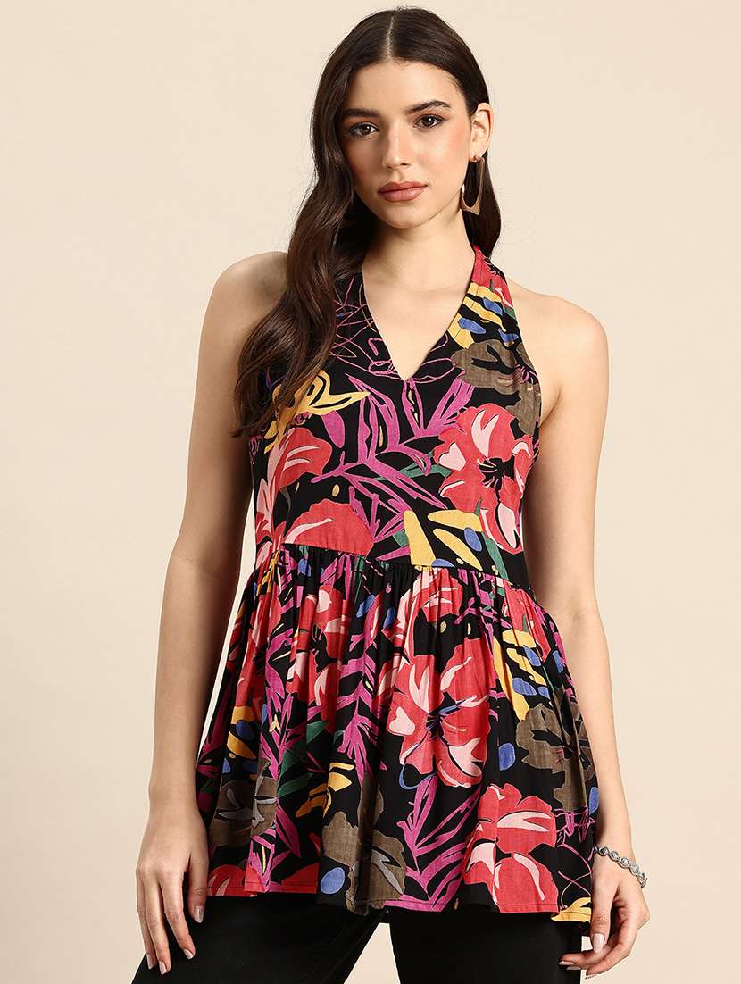 women printed sleeveless flared kurti