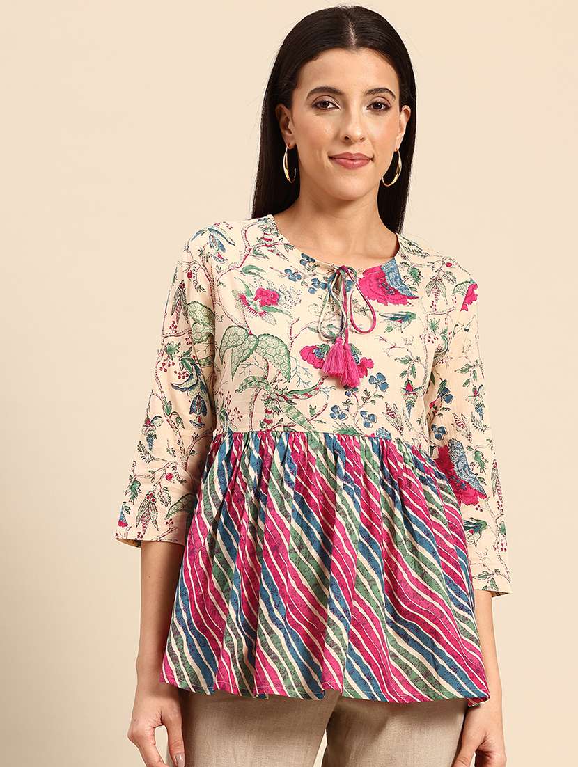 women printed three quarter sleeves peplum top