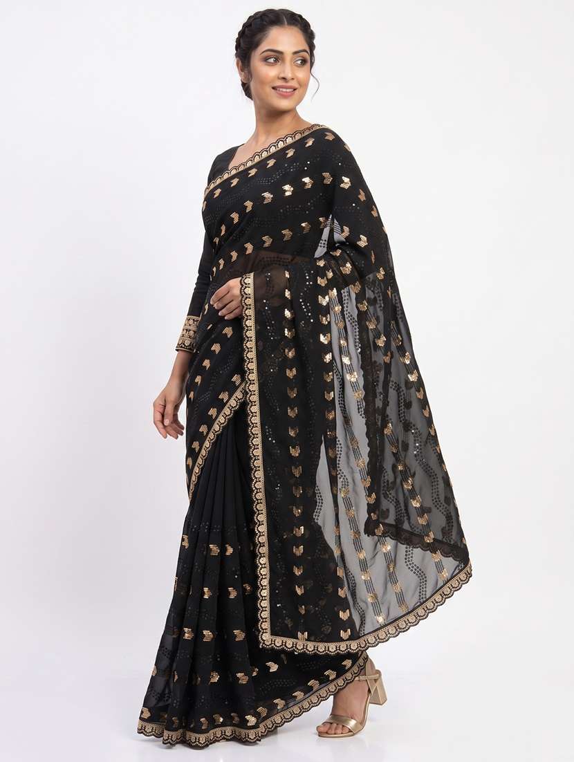 women solid with work embellished saree with blouse