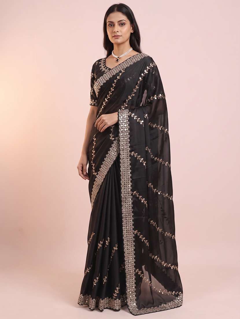 women solid with work embroidered saree with blouse