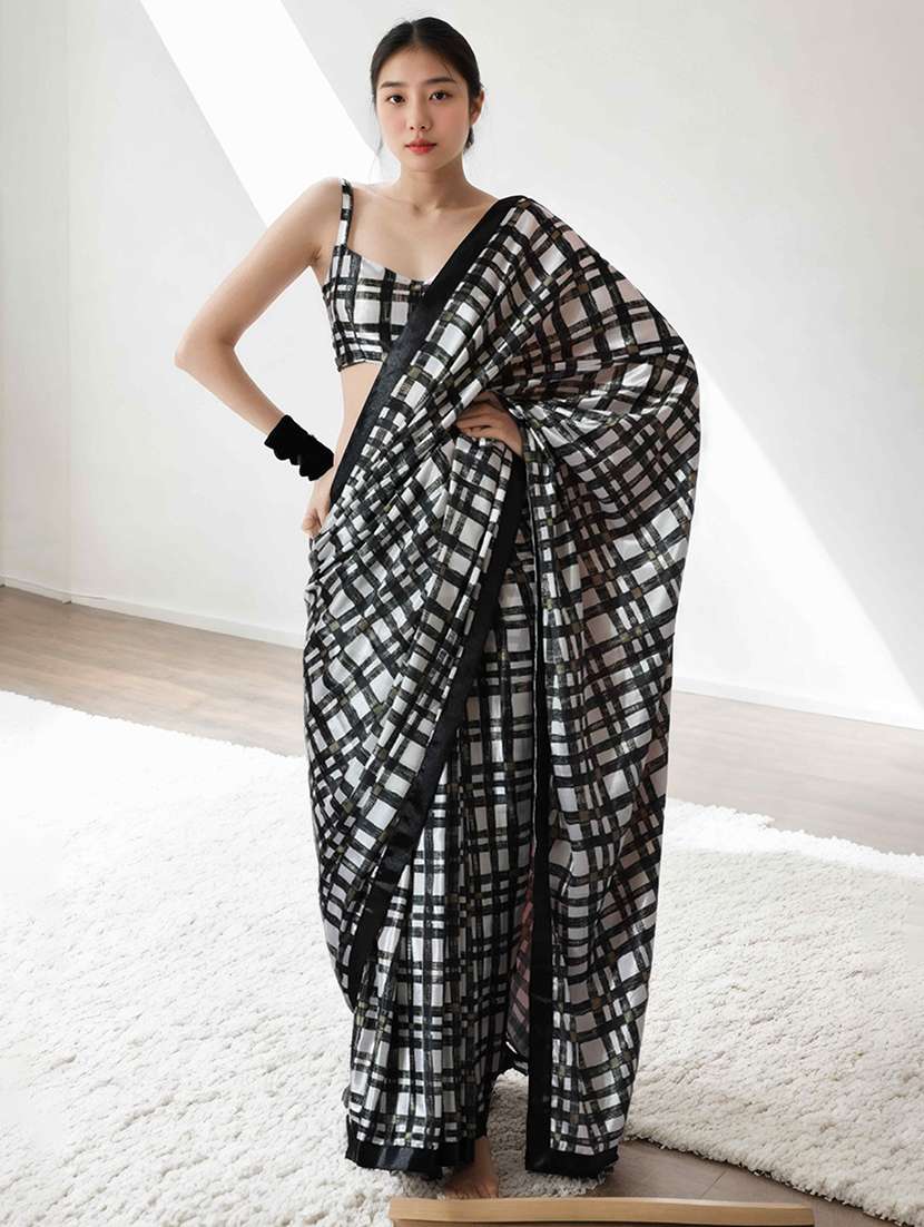 women checkered ready to wear saree with blouse