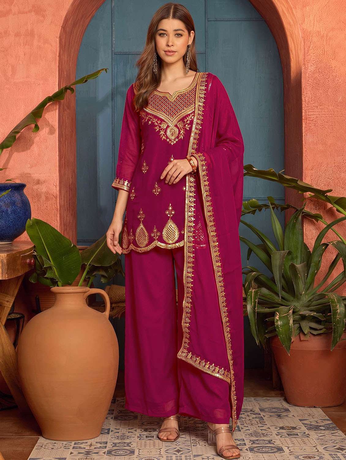 women embroidered three quarter sleeves kurta palazzo with dupatta set