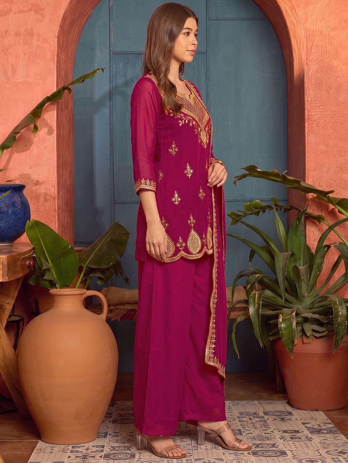 Women Embroidered Three Quarter Sleeves Kurta Palazzo With Dupatta Set - 22737508 -  Standard Image - 3