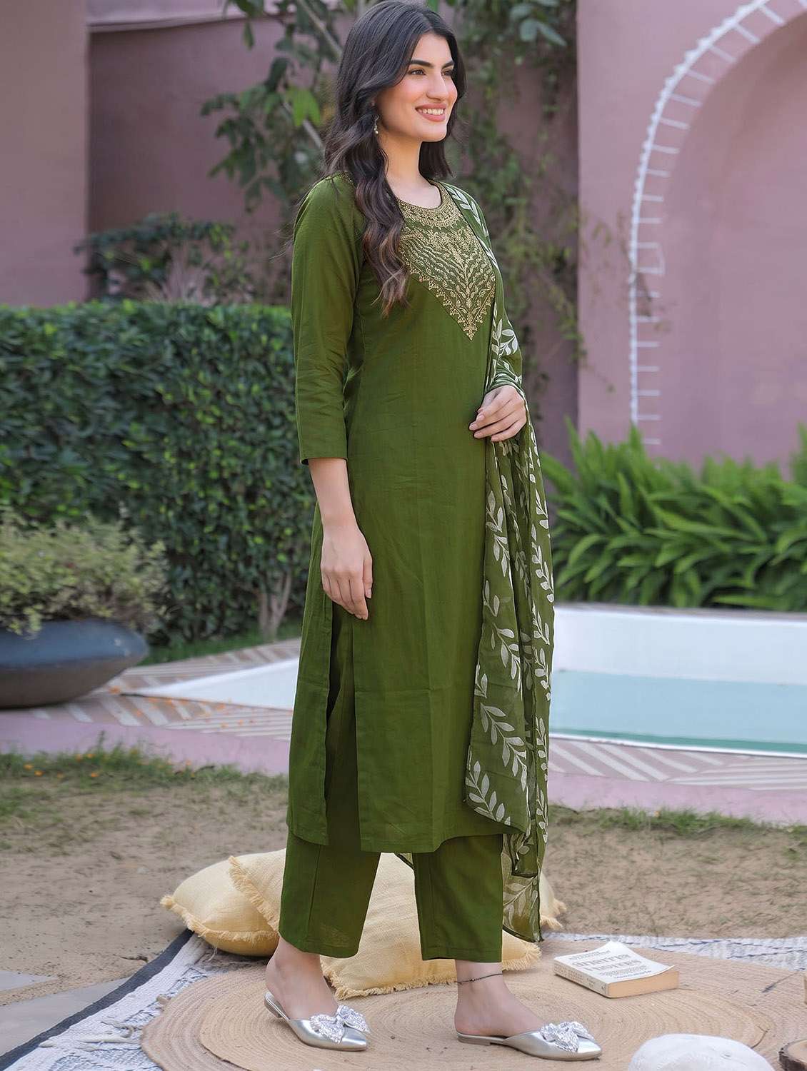Women Embroidered Three Quarter Sleeves Kurta Pant With Dupatta Set - 22737510 -  Standard Image - 3
