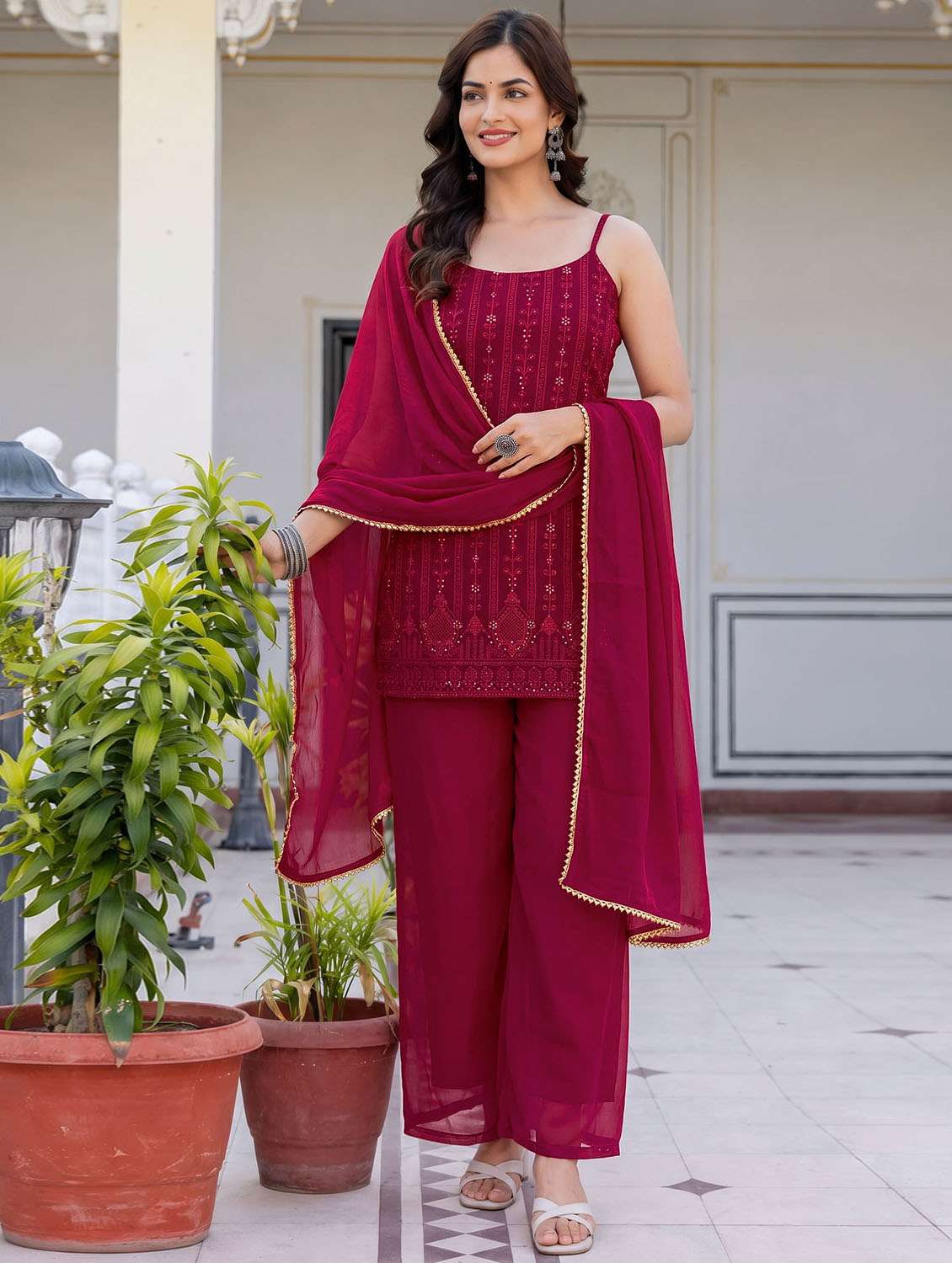 women embroidered sleeveless kurta pant with dupatta set