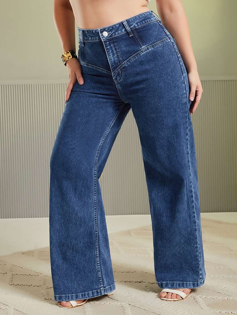 women solid high rise wide leg jeans