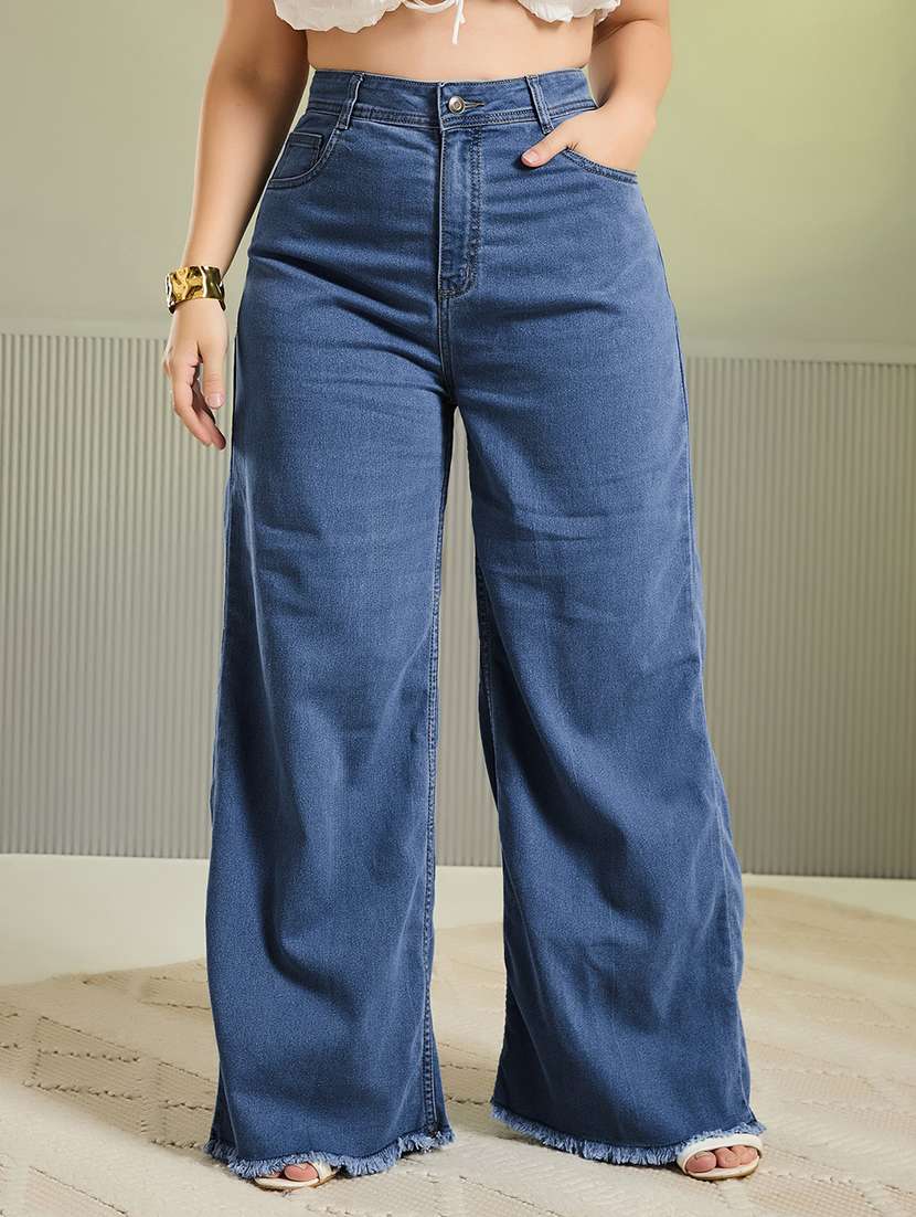 women solid high rise wide leg jeans