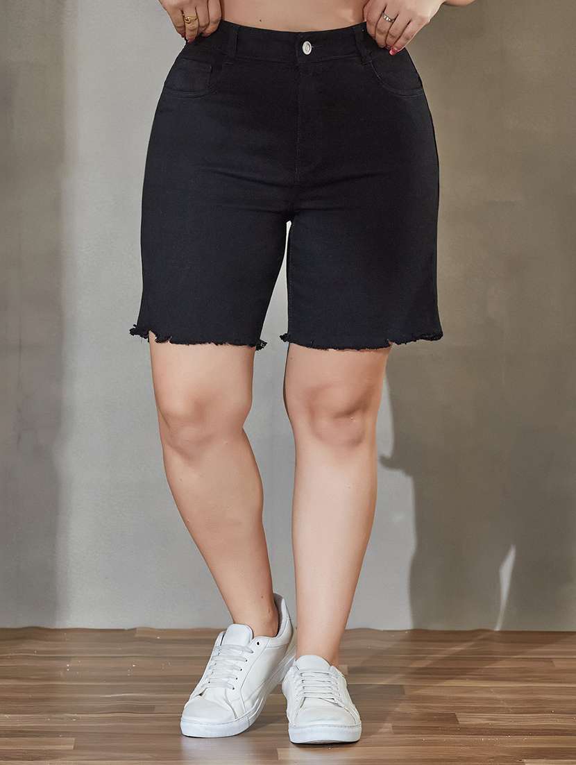 women solid high rise regular fit denim shorts