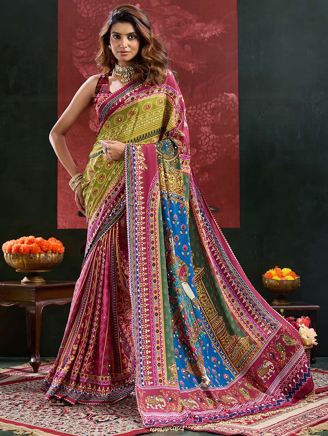 women printed mirror work saree with blouse