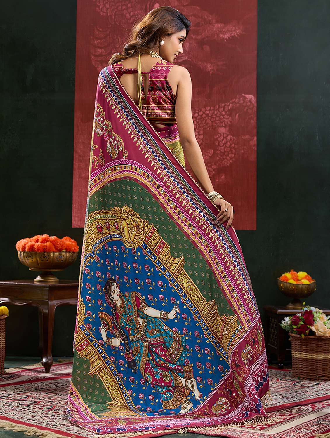 Women Printed Mirror Work Saree With Blouse - 22738041 -  Standard Image - 3