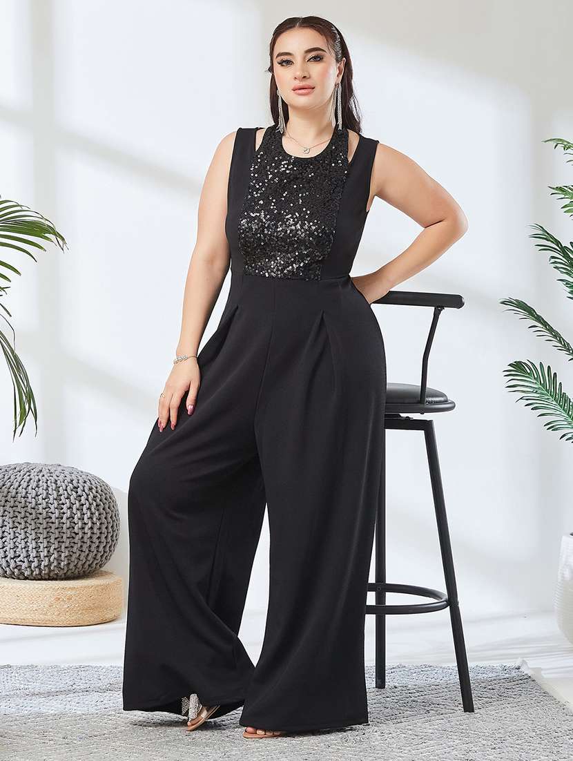 women sequined sleeveless full leg jumpsuit