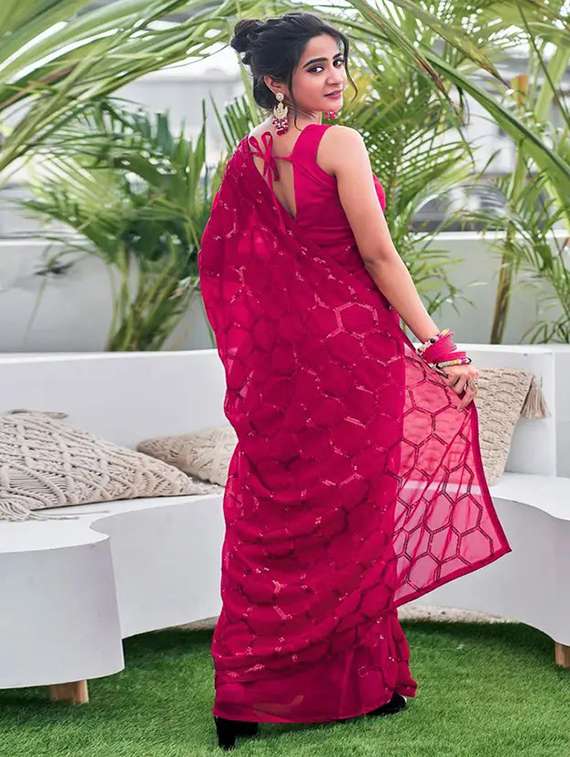 Women Solid With Work Embellished Saree With Blouse - 22738575 -  Standard Image - 3
