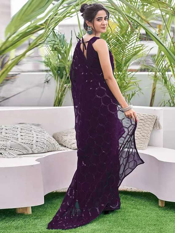 Women Solid With Work Embellished Saree With Blouse - 22738576 -  Standard Image - 3