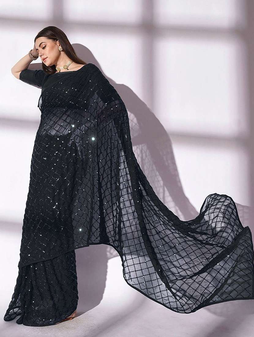 women solid with work embellished saree with blouse