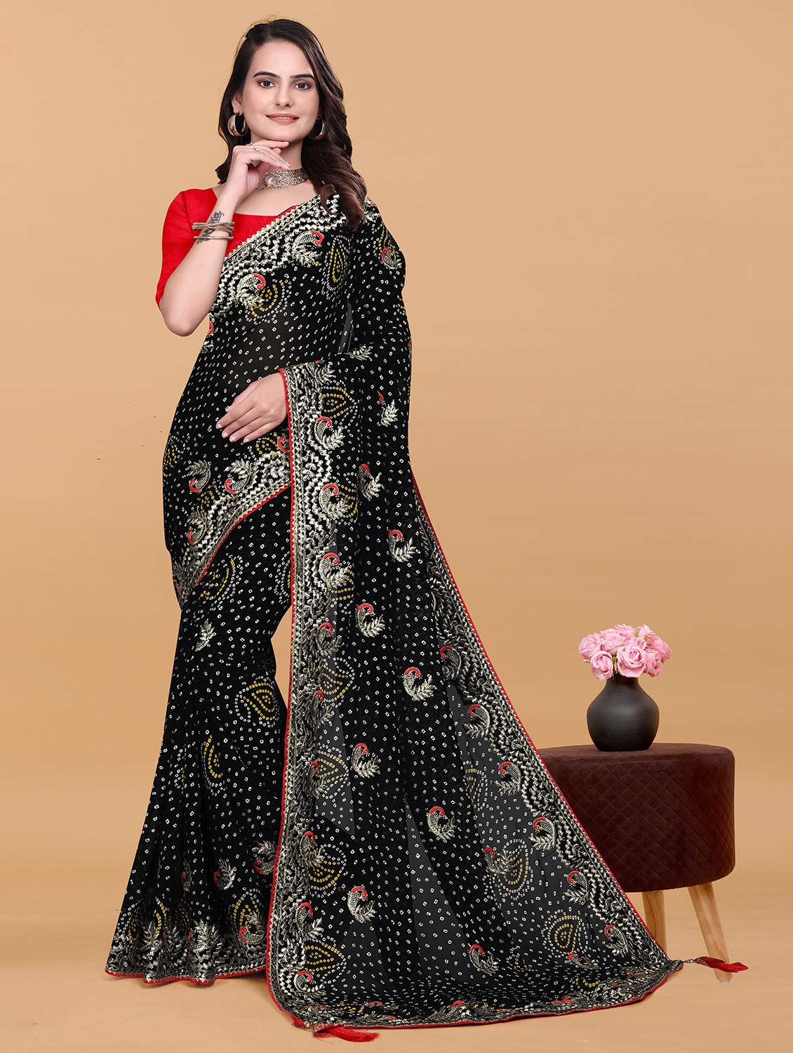 women bandhani printed saree with blouse