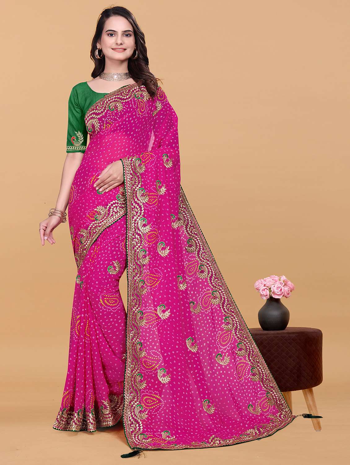 women bandhani printed saree with blouse