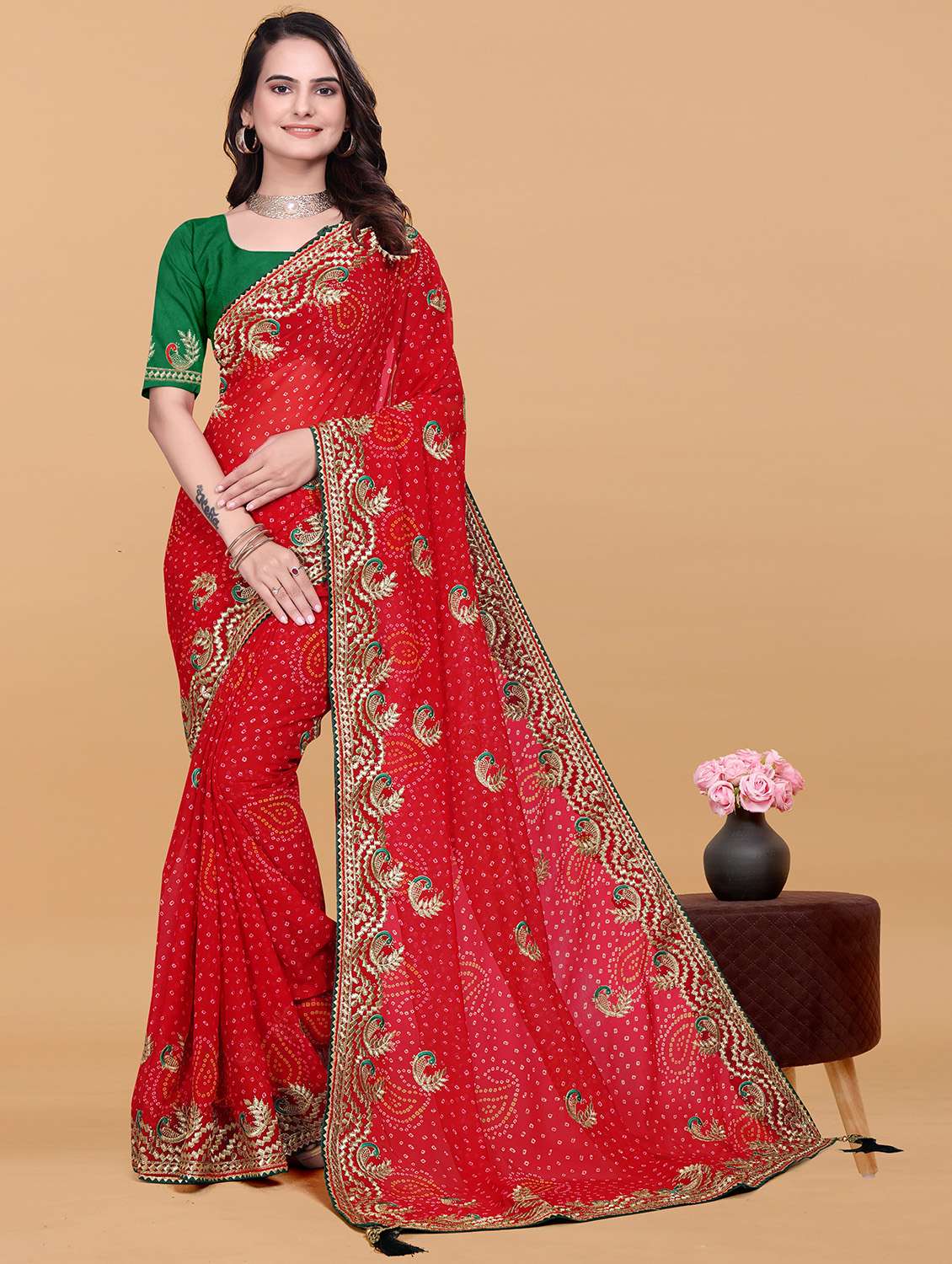 women bandhani printed saree with blouse