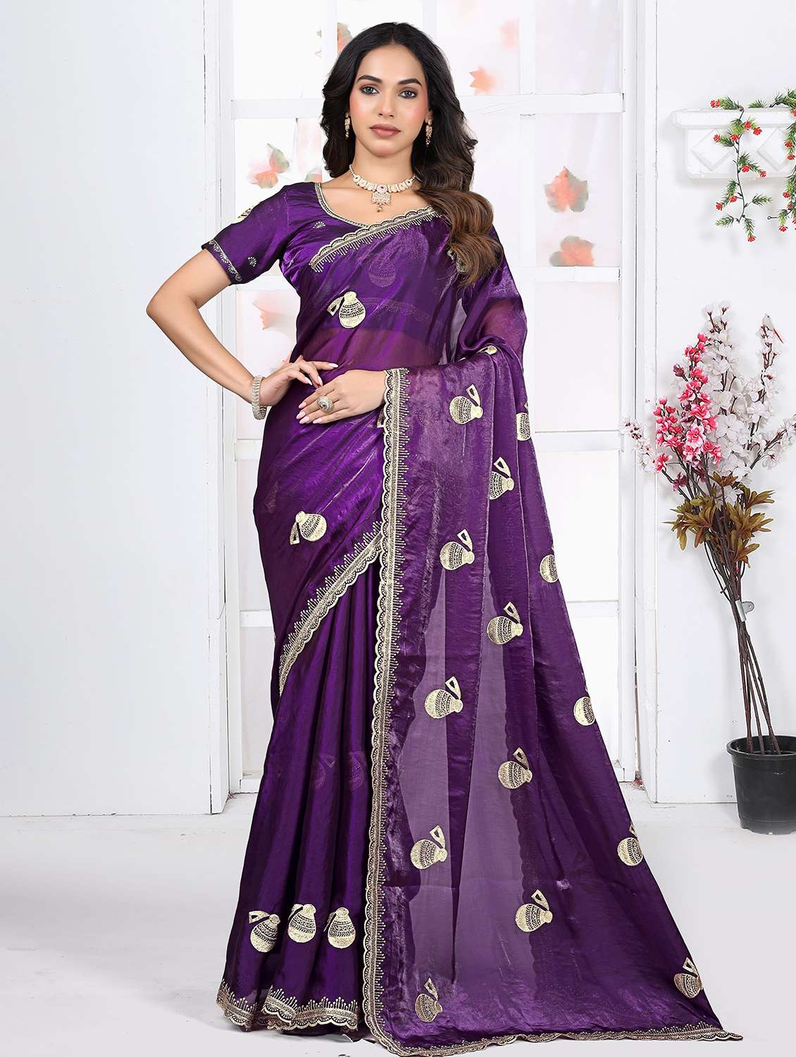women solid with work embroidered saree with blouse
