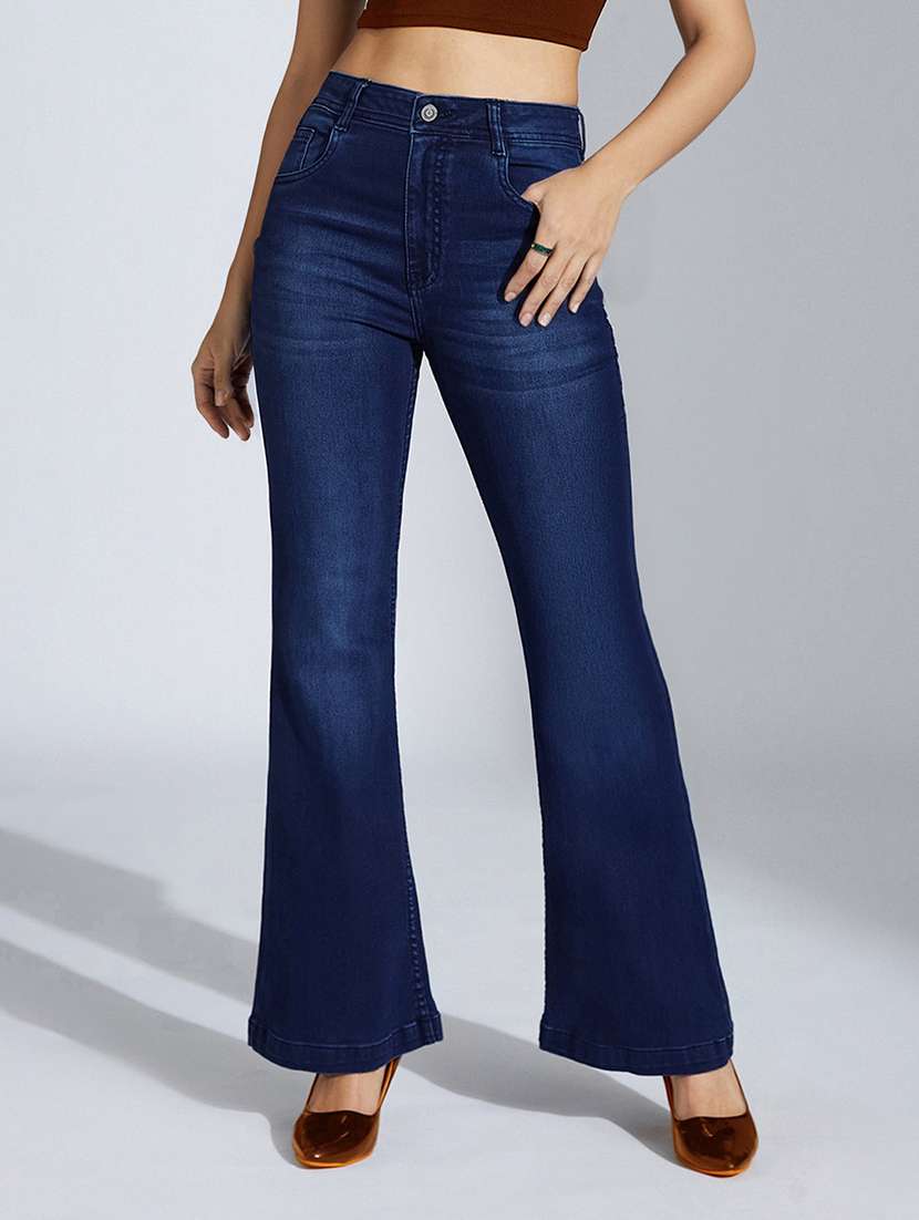 women washed high rise bootcut jeans