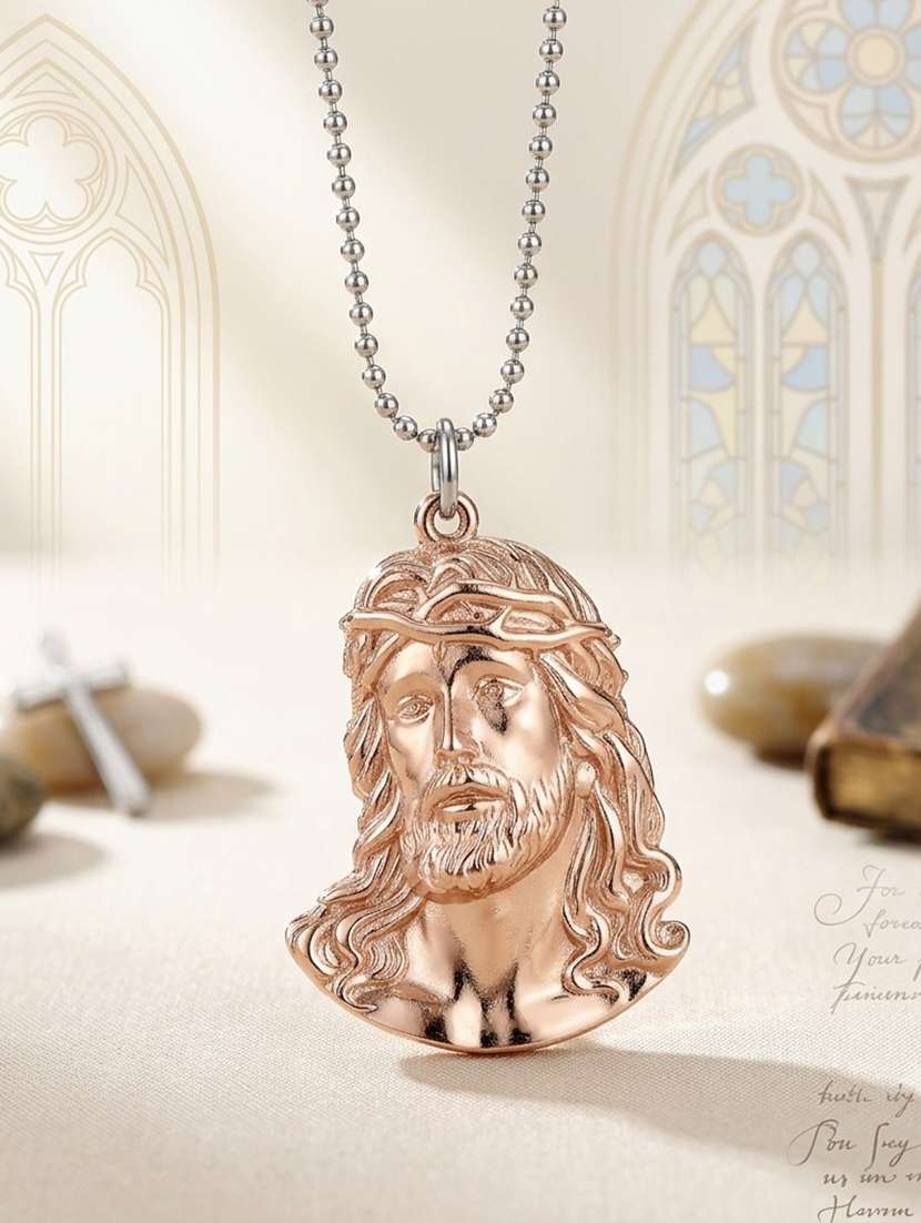 jesus face rose gold tone brass spiritual pendant with chain
