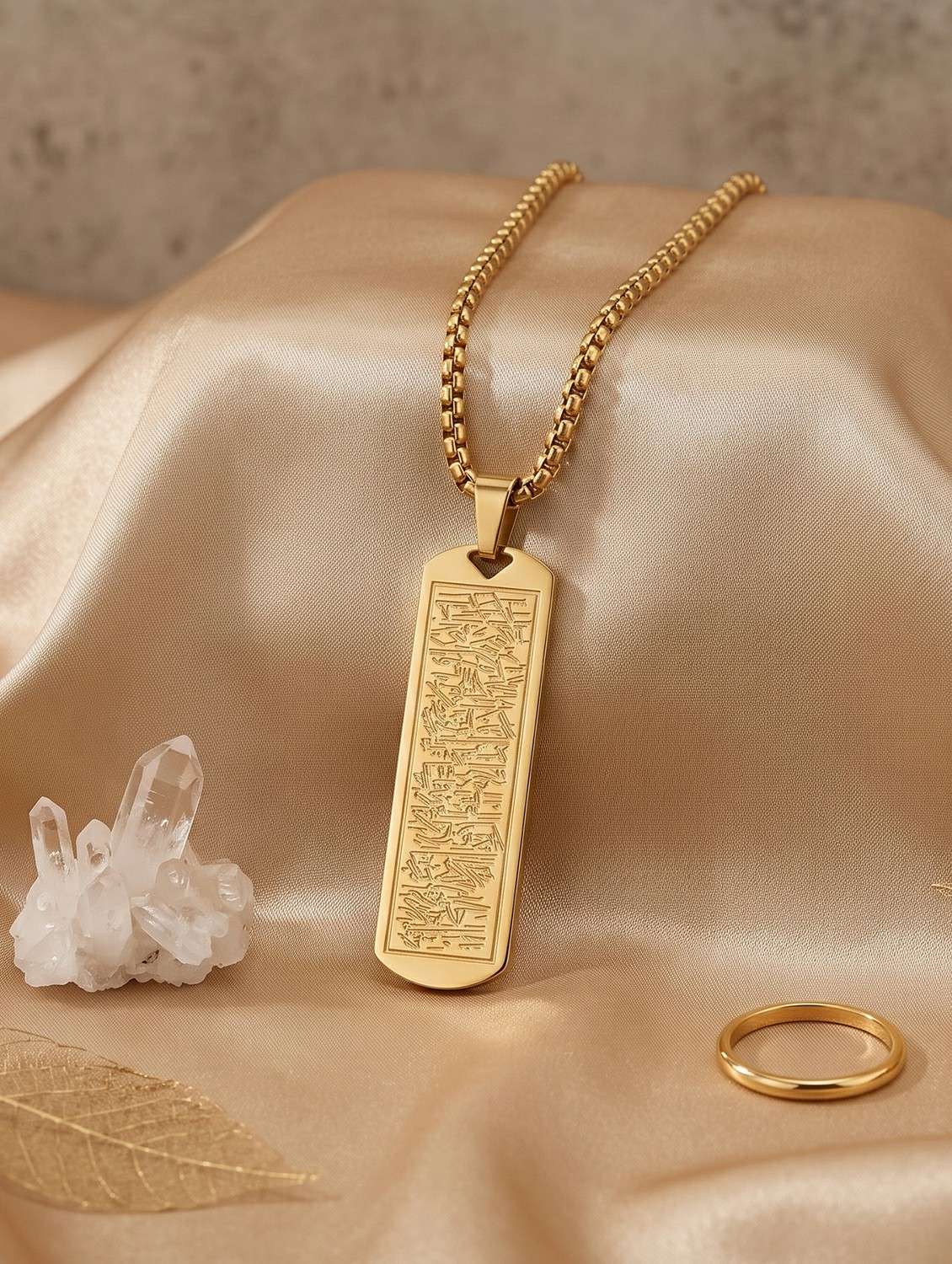 gold tone arabic script engraved pendant necklace