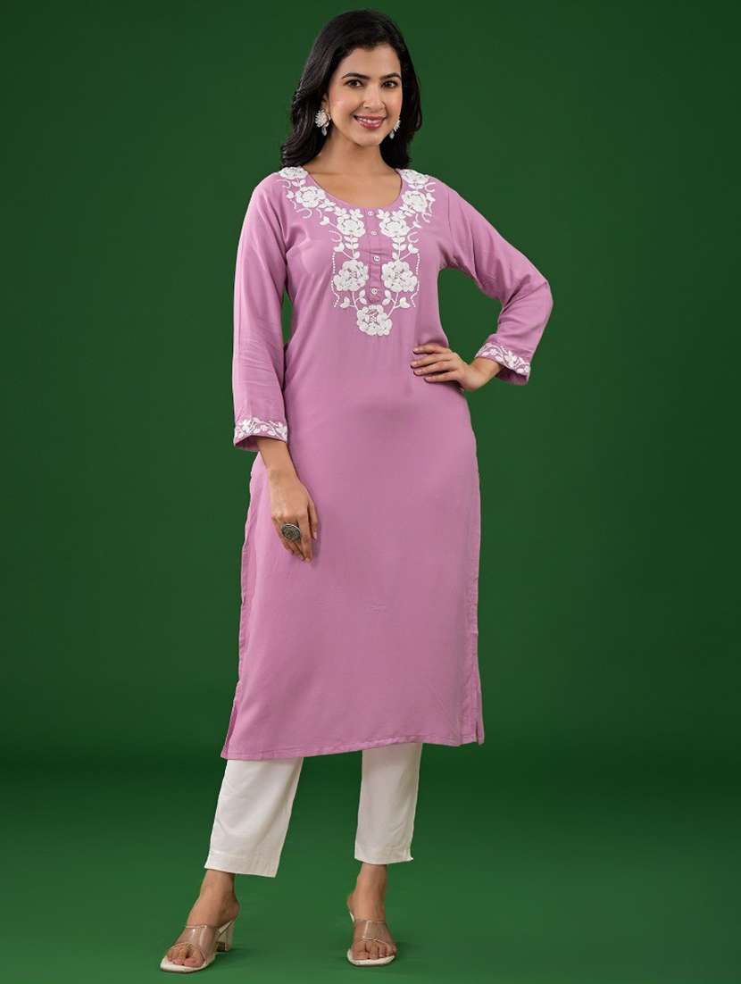 women embroidered three quarter sleeves straight kurta