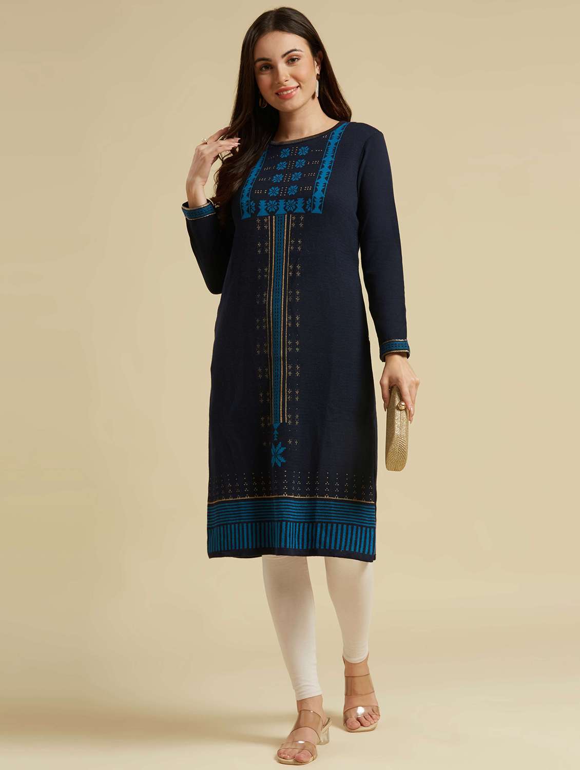 women self design long sleeves straight kurta
