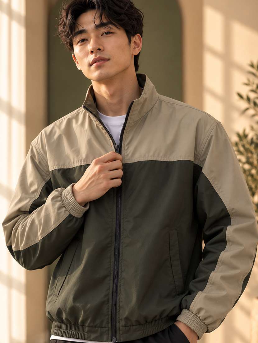 men color block long sleeve windheater bomber jacket