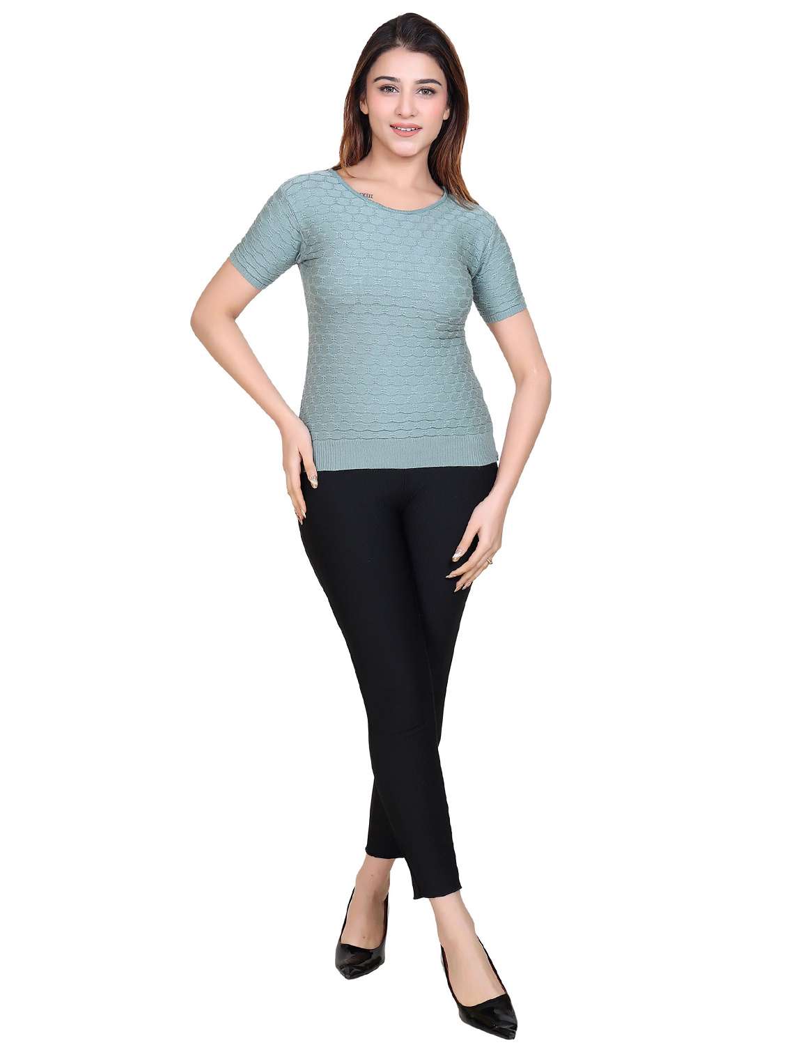 Women Self Design Short Sleeves Regular T-shirt - 22740417 -  Standard Image - 3