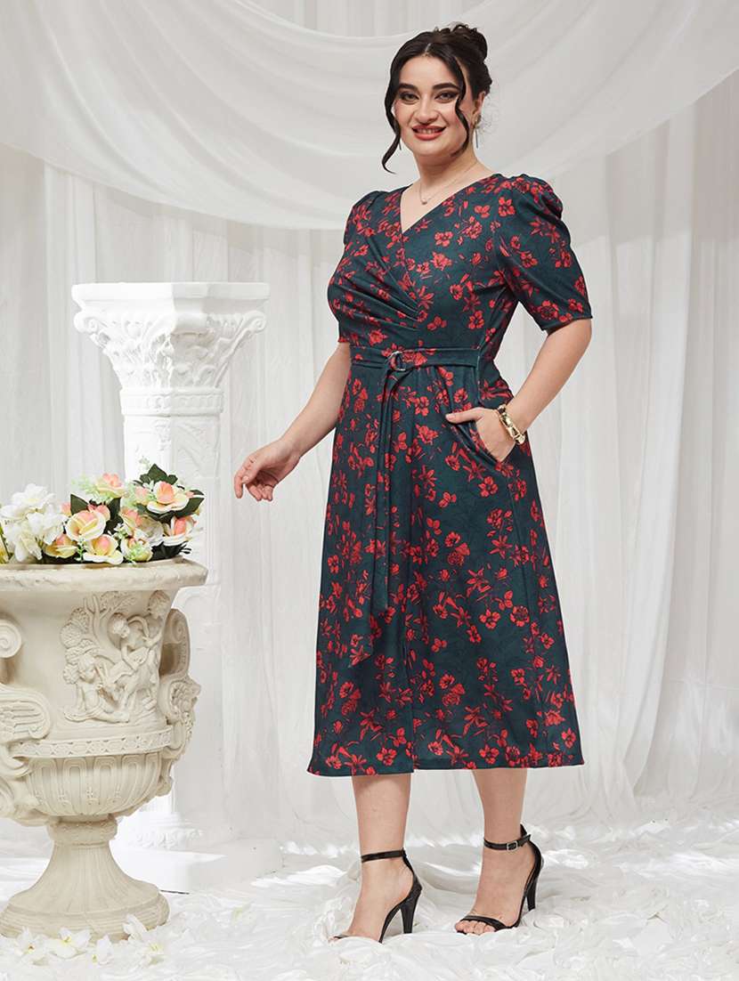 women printed puff sleeves a-line dress