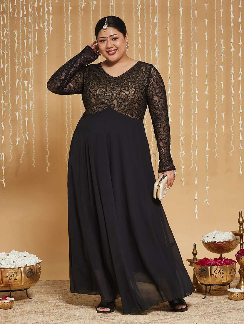 women self design long sleeves fit and flare gown