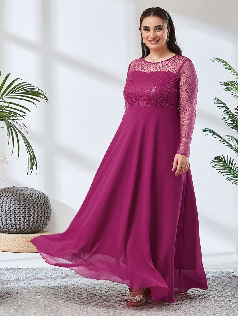 women embroidered long sleeves fit and flare gown