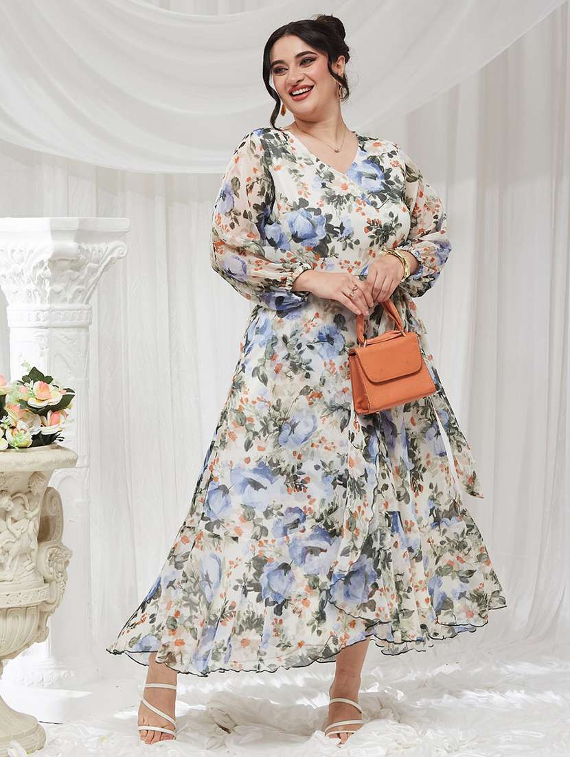 women printed long sleeves wrap dress