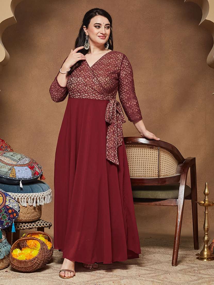women self design three quarter sleeves fit and flare dress