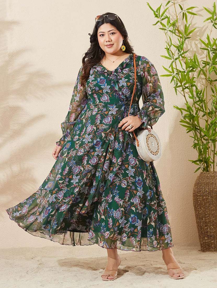 women printed long sleeves wrap dress