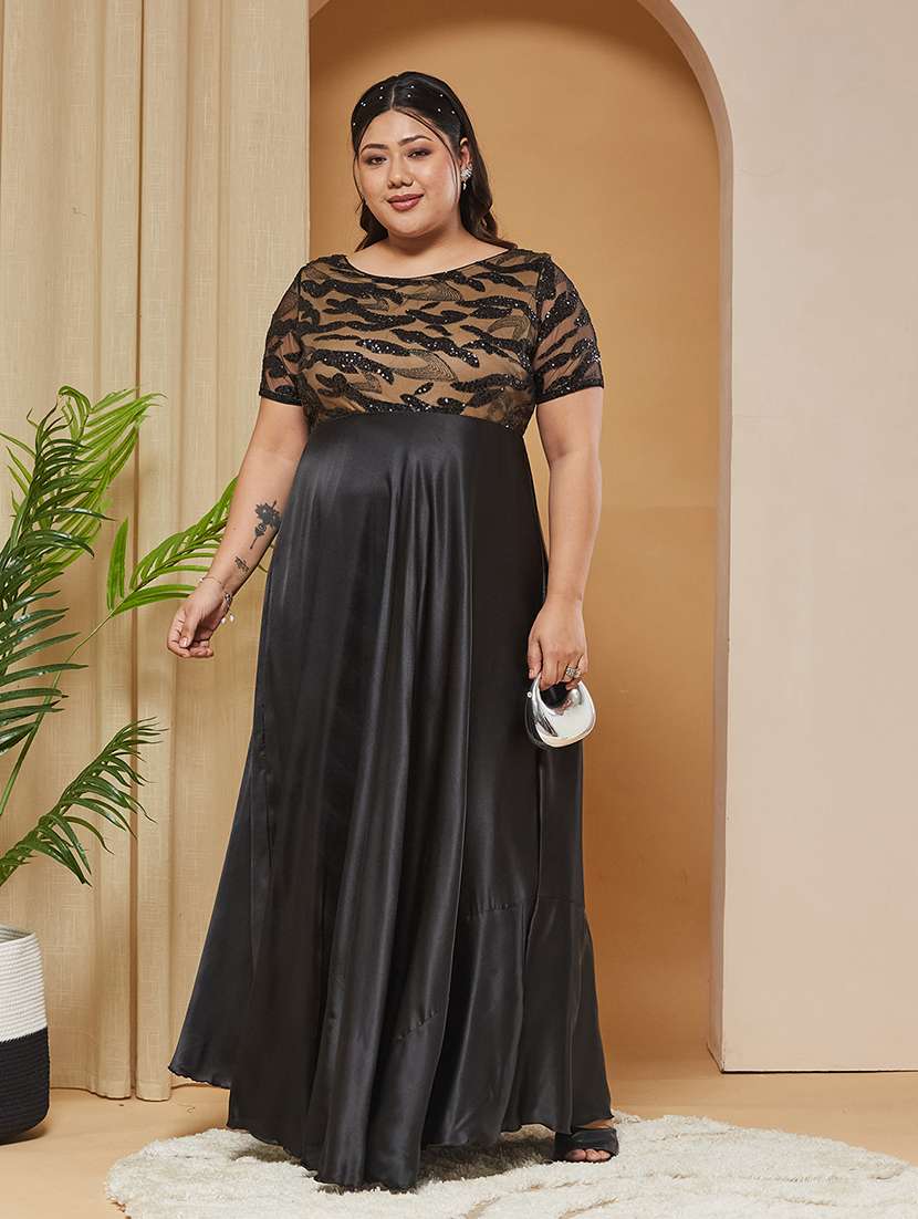 women embroidered short sleeves fit and flare gown