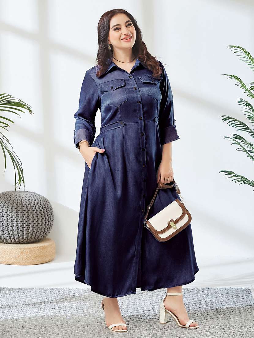 women solid three quarter sleeves shirt dress