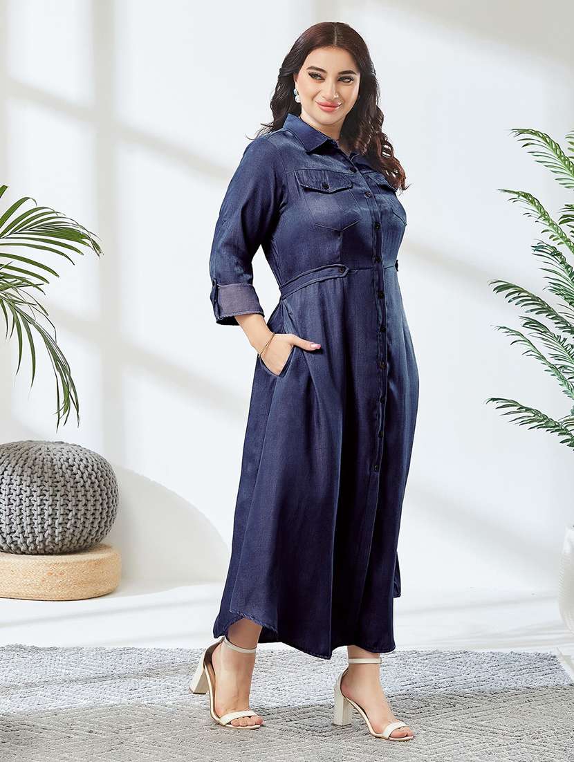 Women Solid Three Quarter Sleeves Shirt Dress - 22741378 -  Standard Image - 3