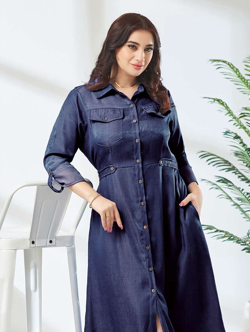 Women Solid Three Quarter Sleeves Shirt Dress - 22741378 -  Standard Image - 5