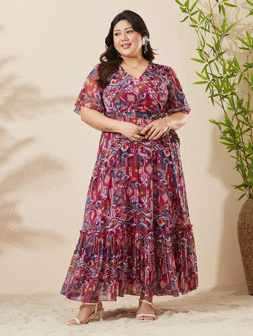 women printed flared sleeves tiered dress