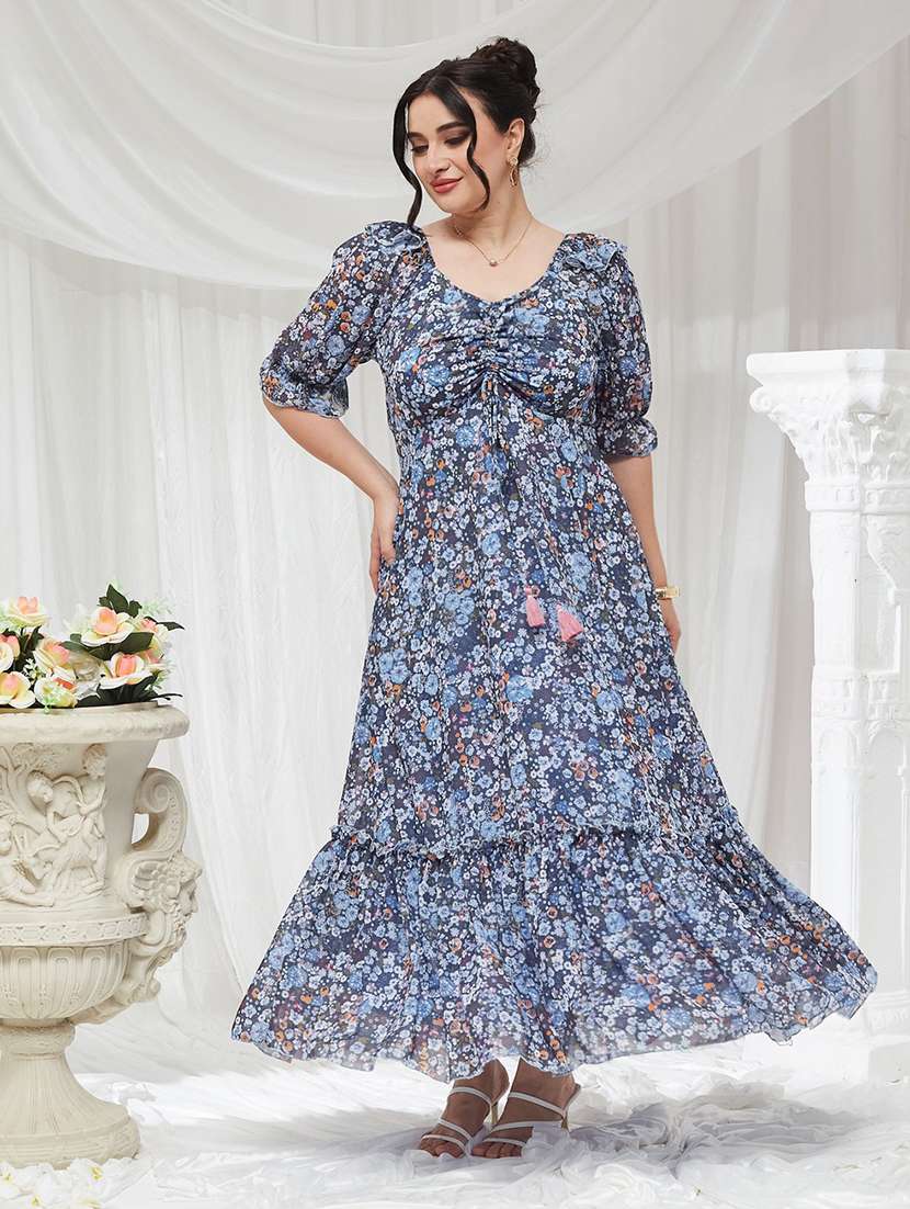 women printed puff sleeves tiered dress