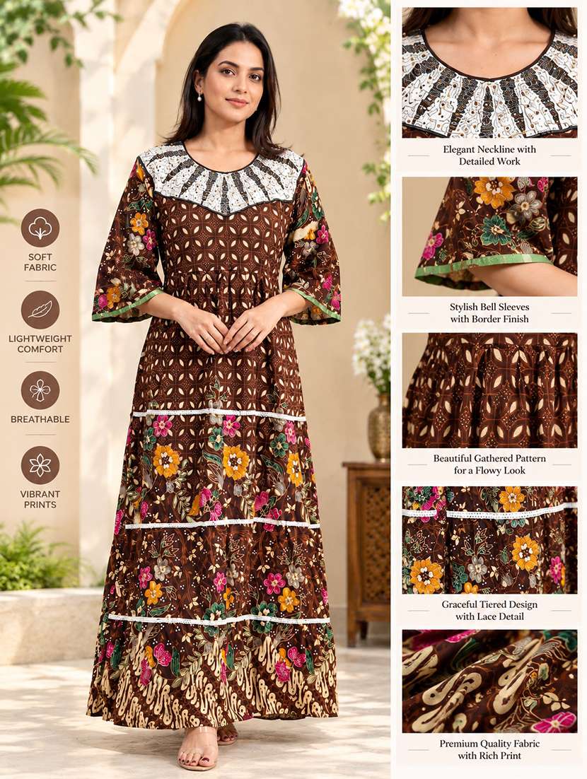 Women Printed Three Quarter Sleeves Nighty - 22741784 -  Standard Image - 3