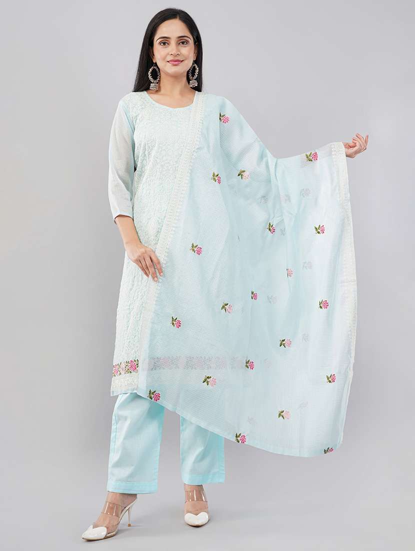 women embroidered three quarter sleeves kurta pant with dupatta set