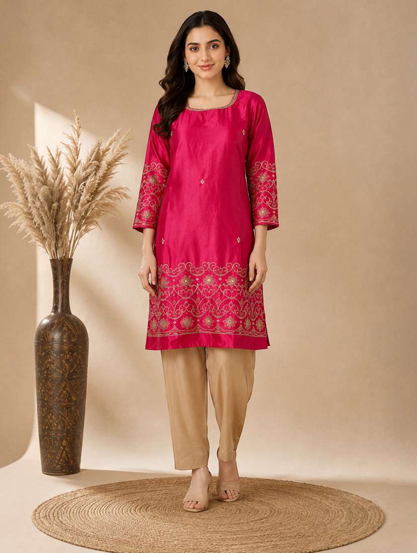 women embroidered three quarter sleeves kurta pant set