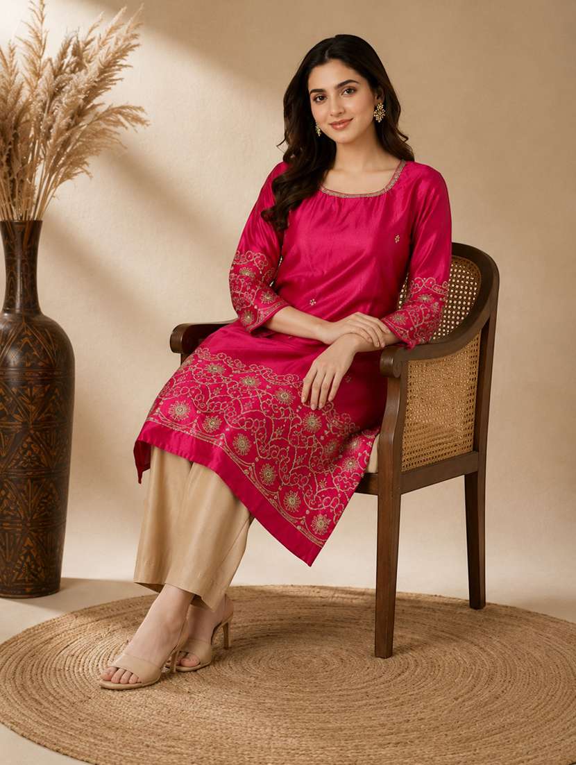 Women Embroidered Three Quarter Sleeves Kurta Pant Set - 22743300 -  Standard Image - 3