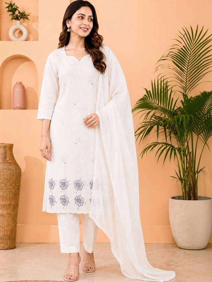 women embroidered three quarter sleeves kurta pant with dupatta set