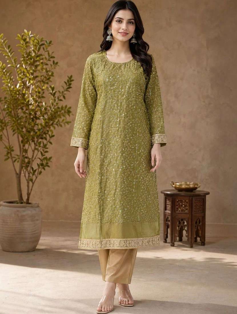 women embroidered long sleeves kurta pant set